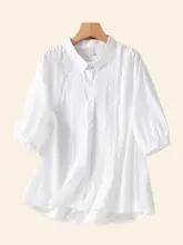 刺繍入りコットンリネンシャツ【七分袖・ゆったりフィット・春夏秋用】