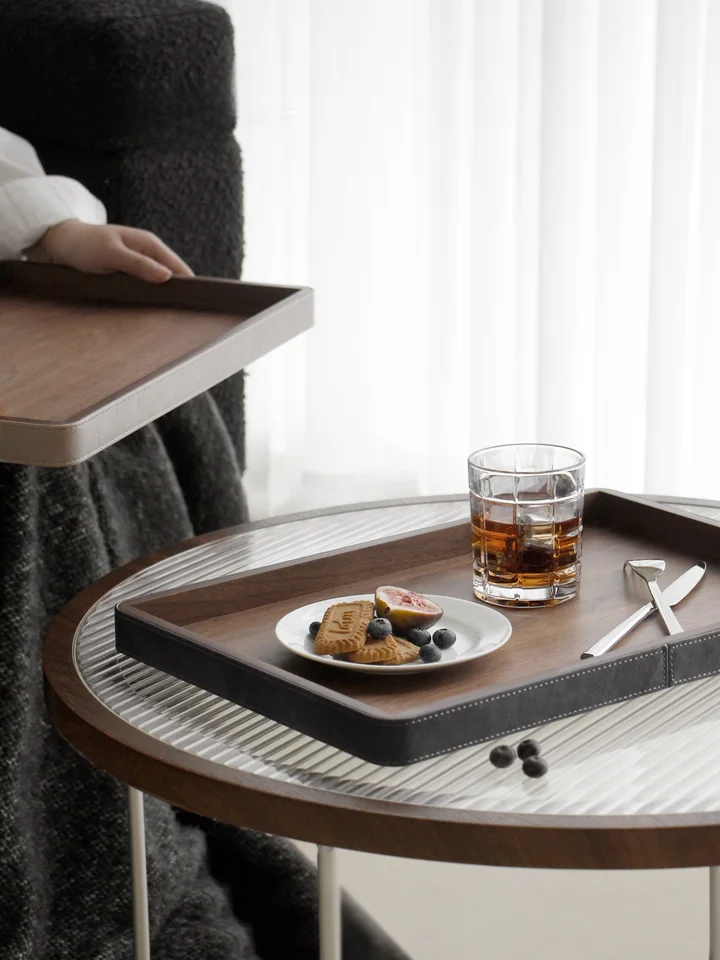トレー 皿 家庭用 スナック おやつ トレイ ウォールナット 木製 レザー収納