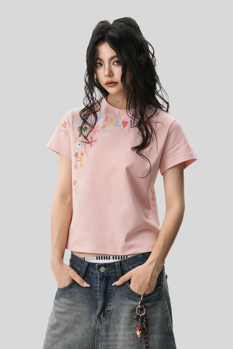 手描きグラフィティデザインの正肩ラウンドネック半袖Tシャツ【春夏用・オールマイティ・フィット感】