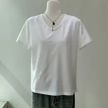 白色Vネック ショートスリーブTシャツ【レディース・夏用・ベーシック】