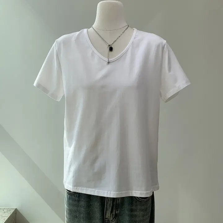 白色Vネック ショートスリーブTシャツ【レディース・夏用・ベーシック】