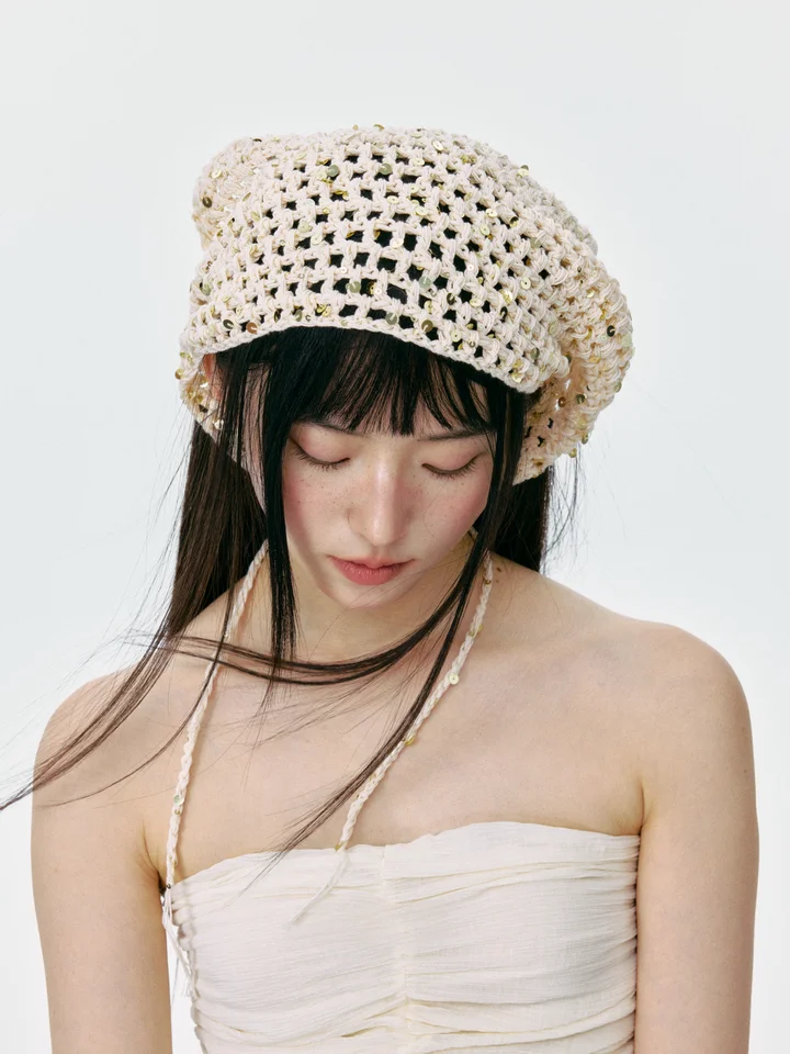 三角バンダナ ヘッドスカーフ レディース スパンコール 透かし編み ニット 韓流 インスタ映え おしゃれ トレンド ヘアアクセサリー アウトドア お出かけ 春夏