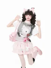 ドット柄リボンデザインの夏用ショートスリーブTシャツ【女性用・ストレートシルエット】