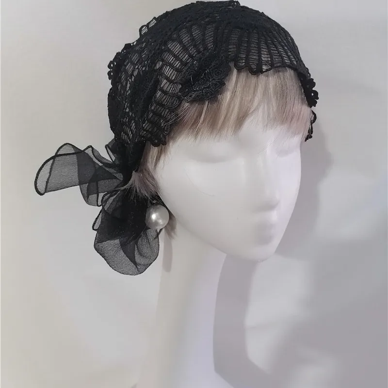 レトロデザインの黒いレース幅広ヘアバンド：白髪隠しに最適なオリジナルデザインのヘアキャップ