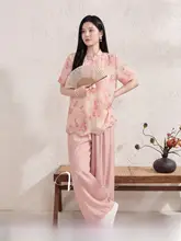 新中式花柄 ドルマンブラウスとスカートパンツ【夏用・極上の柔らかさ・ゆったりシルエット】（セットアップ対応）