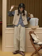 レディース春夏用リネン風ボタン付きノースリーブトップス【洗い加工・レトロデザイン・重厚感あるスタイル】