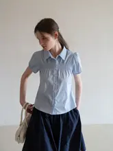 ブルー格子柄デザインの半袖シャツ【フリルスリーブ・夏用・翻領】