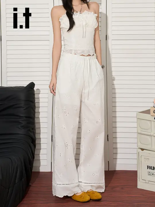 白色レース透かしデザイン ワイドレッグパンツ【九分丈・フィット・女性用】