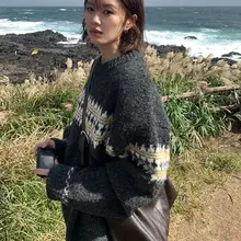 フェアアイランド柄のコントラストニットセーター【ラウンドネック・フィット・温かい】