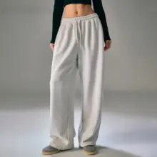 高腰ストレートパンツ【グレー・抽绳・秋冬用・ゆったりシルエット】（セットアップ対応）