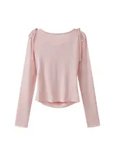 春らしい粉色の長袖Tシャツ【リボン付き・ウエストシェイプ・女性用】