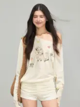 アメリカンレトロ オフショルダー薄手UVカット長袖Tシャツ【春用・ゆったりデザイン】