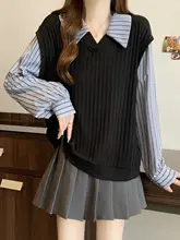 ルーズフィット ニットストライプシャツ【秋用・短丈・大きいサイズ・二重デザイン】（セットアップ対応）