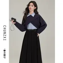 セットアップ レディース プレッピー風 重ね着 ニット シャツ スカート おしゃれ 秋冬