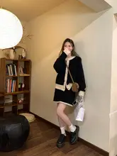 甘くて可愛い配色の毛糸カーディガンとハイウエストスカート【短丈・リブ編み】（セットアップ対応）