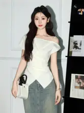 ラ・シャペル アプリコット気質 斜め肩半袖 Tシャツ