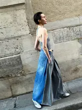 デザイン性の高いおしゃれなウエストゴムデニムパンツ【バイカラー・フィット感抜群・マキシ丈】（セットアップ対応）