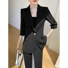 ブラックスーツセット【夏用・薄手・七分袖・高級感・上品なビジネスウェア】（セットアップ対応）