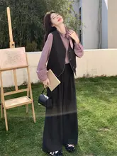 フランス風の高級感あるリボン付きシャツベストとワイドパンツ【春秋用・女性用・スタイリッシュ】（セットアップ対応）