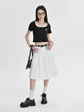 白色のハイウエストAラインミディスカート【夏用・プリーツデザイン・小柄向け】（セットアップ対応）