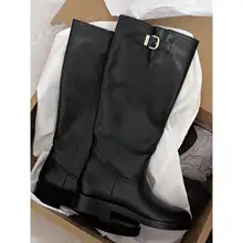 牛革製 レディース 厚底ロングブーツ【ベルト付き・真皮・秋冬用・スリムデザイン】