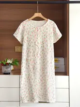 夏用 レディース コットン半袖ルームドレス【薄手・プリント・ラウンドネック・ゆったりフィット】