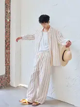 軽やかなストライプデザインの長袖シャツとワイドパンツ【抽绳付き・スタイル】（セットアップ対応）