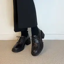 牛革製 英倫風レトロ厚底ハイヒールローファー【丸トゥ・紐付き・女性用】