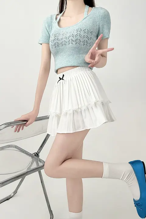 フレンチスタイルのレース付きハイウエストホワイトプリーツスカート【夏用・ふんわりデザイン】（セットアップ対応）