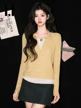 配色デザインのニットTシャツ【女性用・フィット感・長袖・ポロ襟】（セットアップ対応）