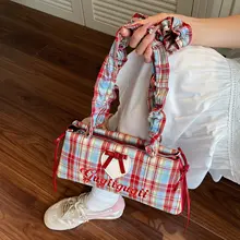 リボンチェック柄の小型ショルダーバッグ【夏用・高級感・褶みデザイン】