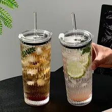 フタ付き 大容量透明ストローカップ【アイスコーヒー用・グラス飲料・おしゃれデザイン】