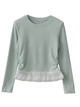 デザイン性の高いレース花柄の重ね着Tシャツ【極上の柔らかさ・皺加工・スリムシルエット】（セットアップ対応）