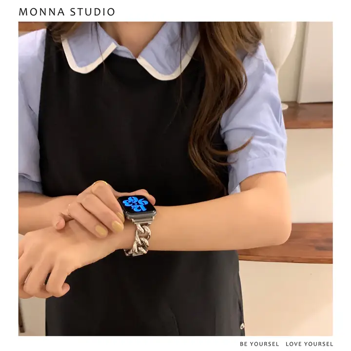 Apple Watch ストラップ 立体チェーン ステンレス メタル シルバー シリーズ対応 「Monna」