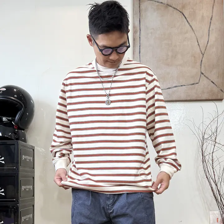 ストライプ柄のルーズフィット長袖Tシャツ【カジュアル・男女兼用】（セットアップ対応）