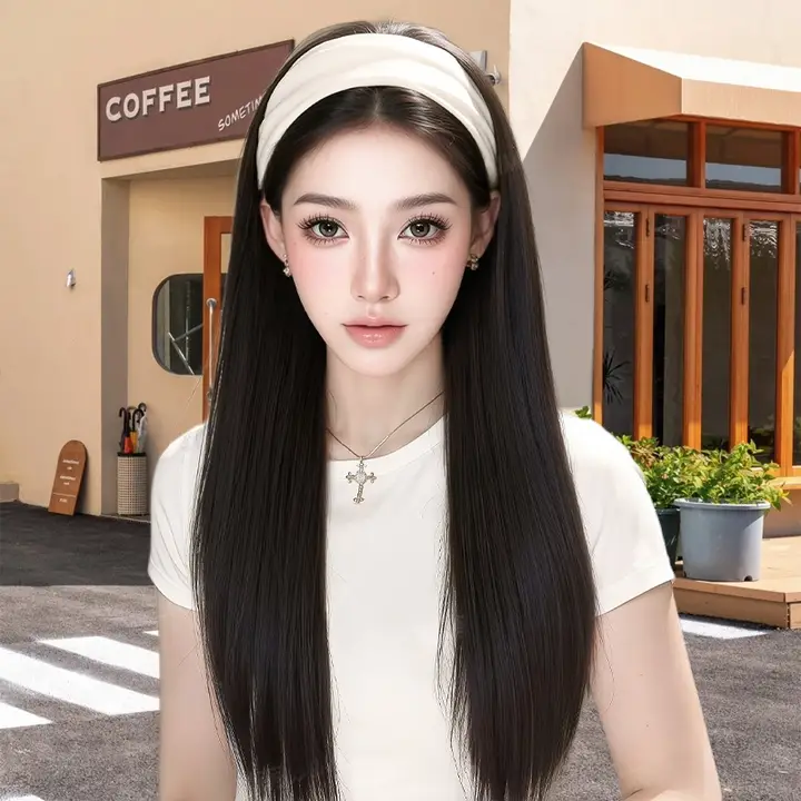 ヘアバンド付きの黒いロングストレートウィッグ【取り外し可能・自然なボリューム】