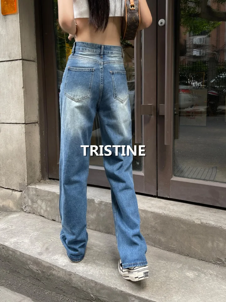 Tristine 高腰ワイドストレートデニムパンツ【秋用・ロング丈・女性用】