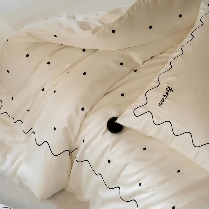 高級感あるシンプルな夏用ライセールコットンの四件套【エレガントな刺繍・ドット柄・ボール付き・取り外し可能】（セットアップ対応）