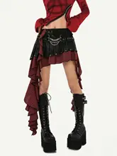 パンクロックスタイル 不規則なデザインのチェック柄スカート【フリンジ付き・ウエストベルト】（セットアップ対応）