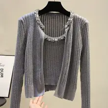 ビーズとリボンデザインの毛ニットカーディガン＆キャミソール【秋冬用・短丈】（セットアップ対応）