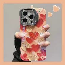 アートデザインのピンクハート手首飾り付きiPhoneケース【適用モデル・シリコン・衝撃吸収・レンズスタンド付き】