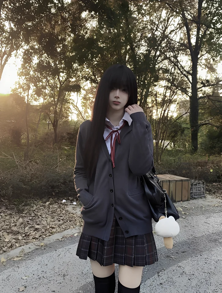 グレーのVネック長袖ニットカーディガン【JK制服スタイル・女子用・春秋用】