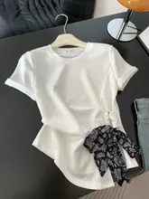 シルクスカーフ付きバンドデザインの半袖Tシャツ【夏用・ルーズフィット・女性用】（セットアップ対応）