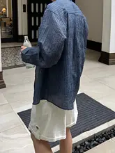 深い青の薄手ストライプ長袖シャツ【メンズ・夏用・軽量・通気性・UVカット】