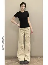 多ポケットデザインのカフェカラー高腰ワイドレッグ作業パンツ【春用・フィット・ストレートデニム】