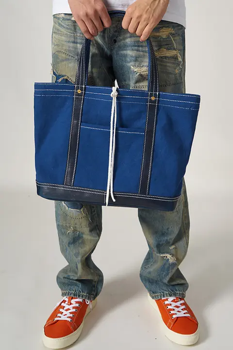 キャンバス製ハンドメイド大容量アウトドア通勤トートバッグ【斜め掛け・牛皮製ストラップ】
