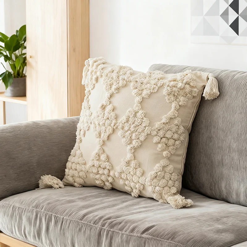 北欧風刺繍ソファクッションカバー【タッセル付き・クッション性・寝室用】（セットアップ対応）
