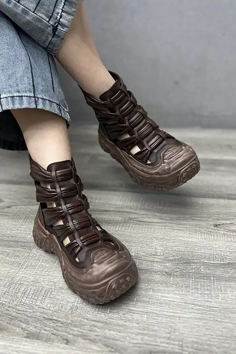 本革製 編み込みローマ風 ビンテージスタイル 厚底マーチンブーツ【リファインドデザイン・後ろジッパー・女性用】