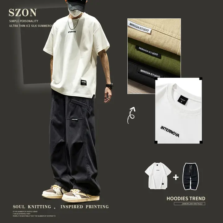 メンズカジュアルセットアップ【夏用・ショートスリーブTシャツ・個性的な作業パンツ】（セットアップ対応）