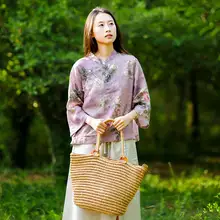 中華風ボタン付き短丈ブラウス【レトロデザイン・ルーズフィット・麻素材】